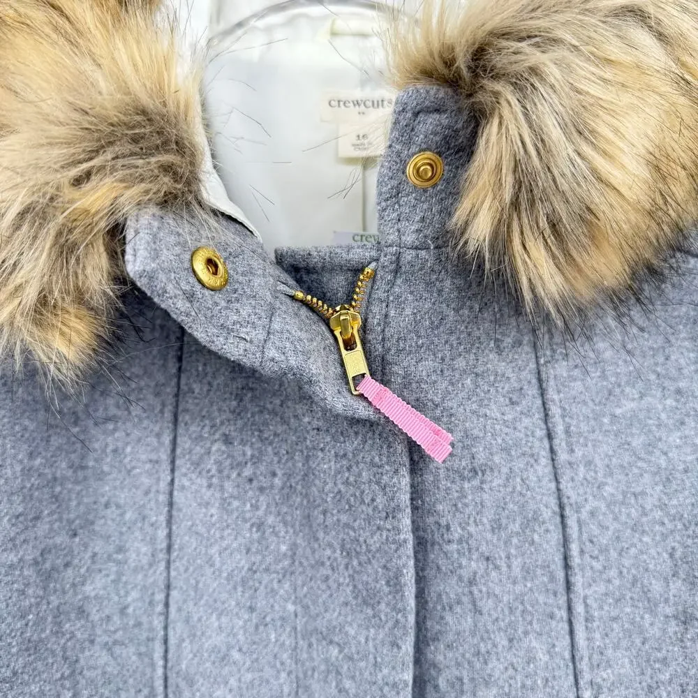 Crewcuts J. Crew NWT Girl's Preppy Gray Wool Blend Faux Fur Collar Peacoat